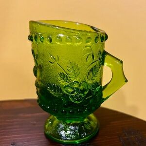 Vintage 1970s Indian Glass Green miniature pitcher / creamer / mini vessel vase